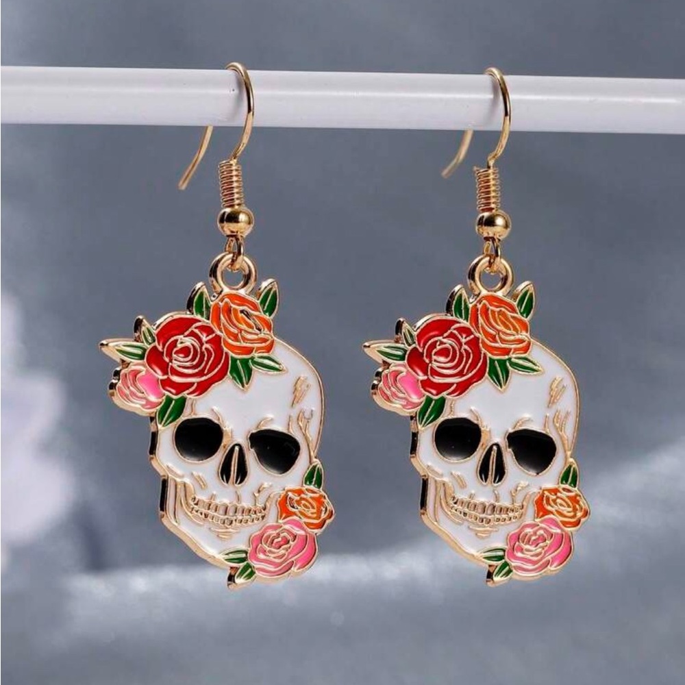 Day of The Dead Floral Skull Earrings, Sugar Skull Earrings, Halloween Earrings